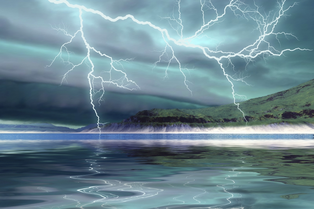 Ominous Thunderclouds & Lightning Move Over The Mountains & A Nearby Lake Poster Print