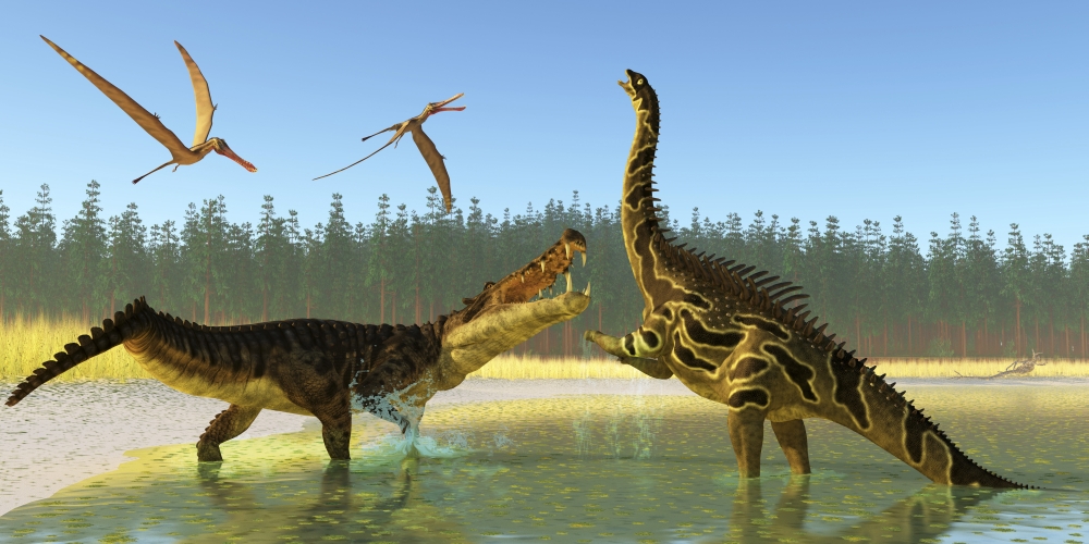 Two Anhanguera Reptiles Fly Above As A Kaprosuchus Reptile Confronts An Agustinia Dinosaur Poster Print, 40 x 20 - Large