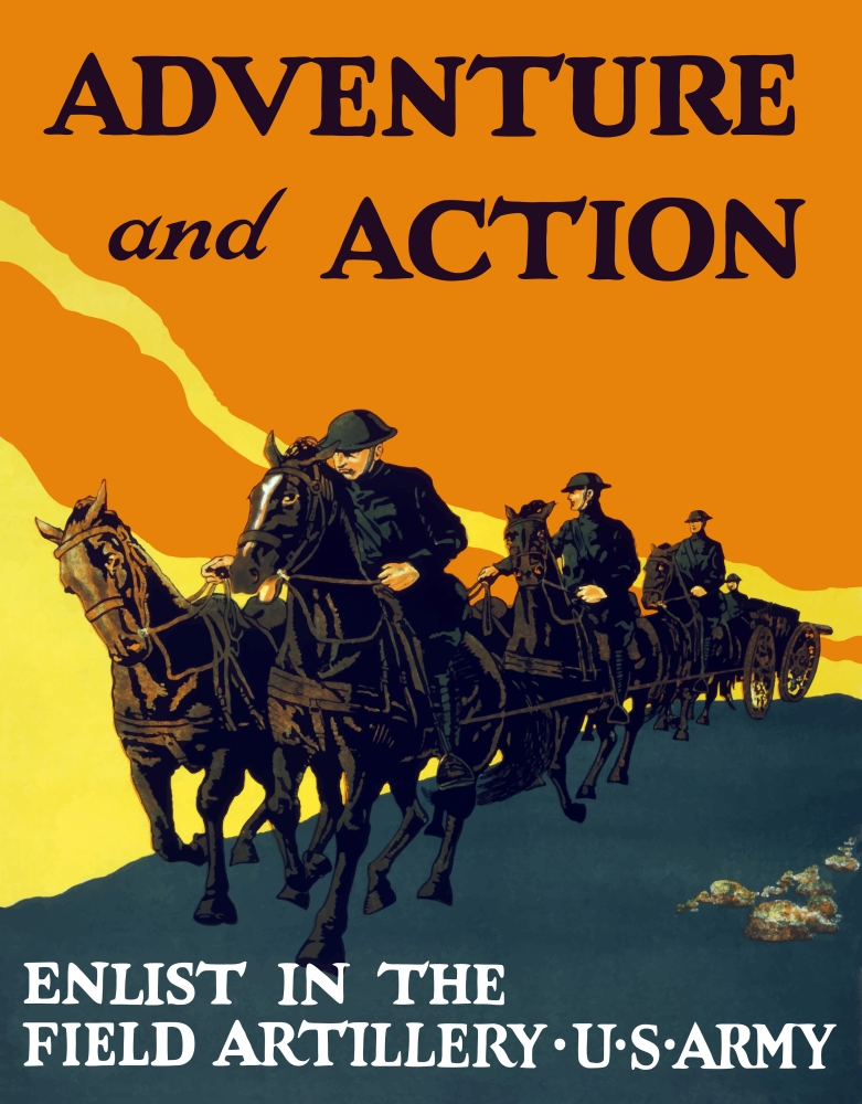 Vintage World War One Propaganda Poster Featuring Soldiers Pulling Artillery Guns with A Team of Horses - 12 x 16