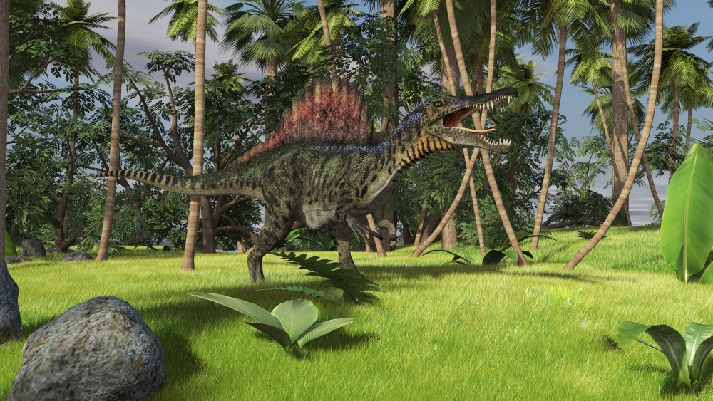 Spinosaurus Hunting in A Tropical Environment Poster Print, 18 x 10