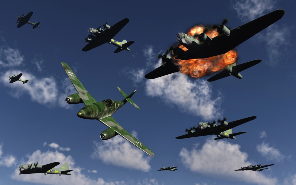 A German Messerschmitt Me 262 Jetfighter Attacking American B-17 Flying Fortress Bombers Over Nazi Occupied Europe Poster Print - 18 x 11