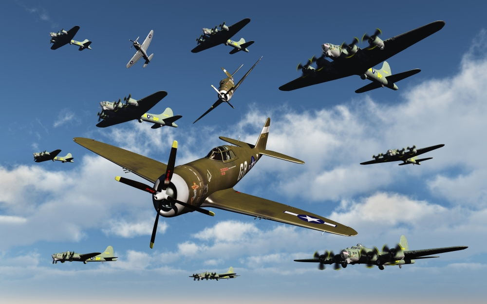 P-47 Thunderbolts Escorting B-17 Flying Fortress Bombers On A Bombing Mission Over Nazi Occupied Europe Poster Print