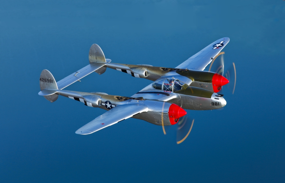 A Lockheed P-38 Lightning Fighter Aircraft in Flight Near Chino California Poster Print, 17 x 11