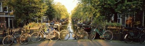 Bicycles On Bridge Over Canal Amsterdam Netherlands Poster Print, 36 x 12