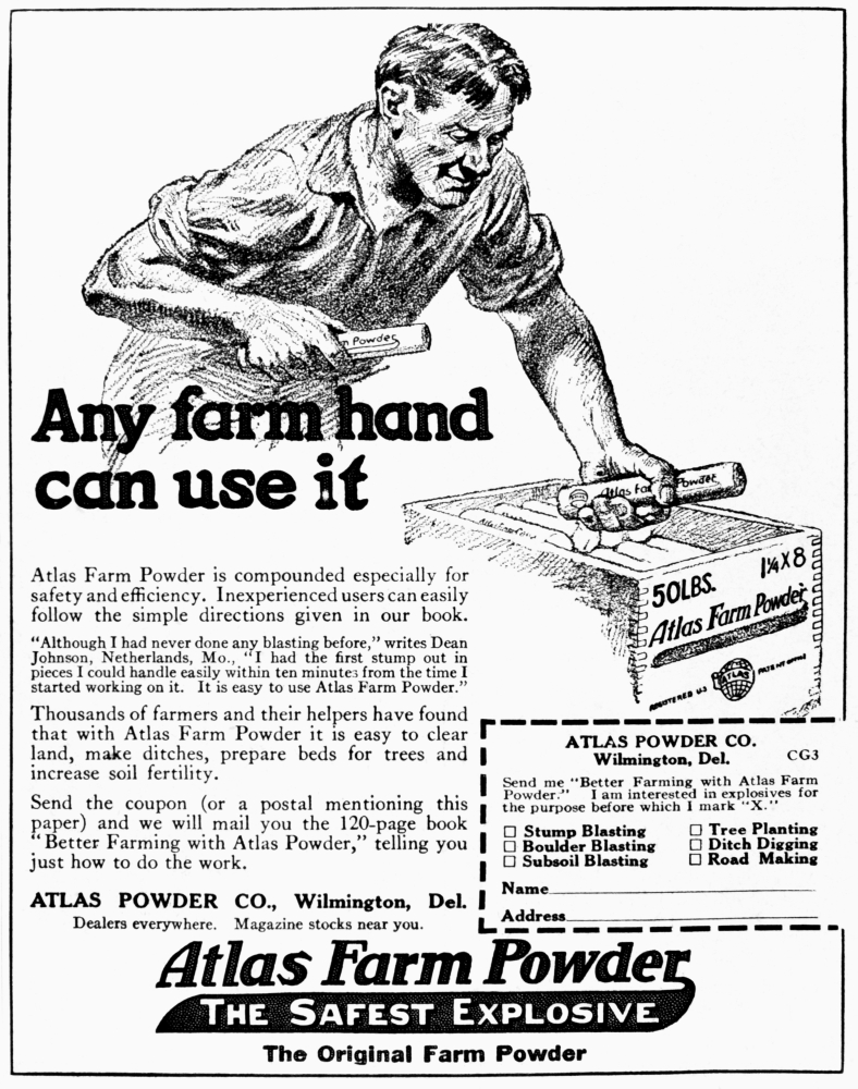 Historic Advertisement of Atlas Farm Powder The Safest Explosive with Illustration of Farmer Handling Sticks of Explos Poster Print - 13 x 17 in.