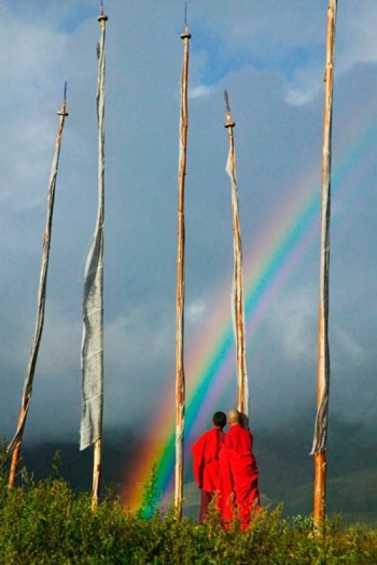 PDDAS04KSU0067B Rainbow & Monks with Praying Flags Phobjikha Valley Gangtey Village Bhutan Poster Print by Keren Su, 11 x 17