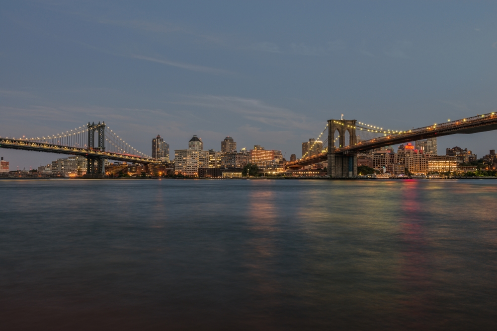 Manhattan & Brooklyn Bridges at Sunset - New York City United States of America Poster Print - 19 x 12 in.
