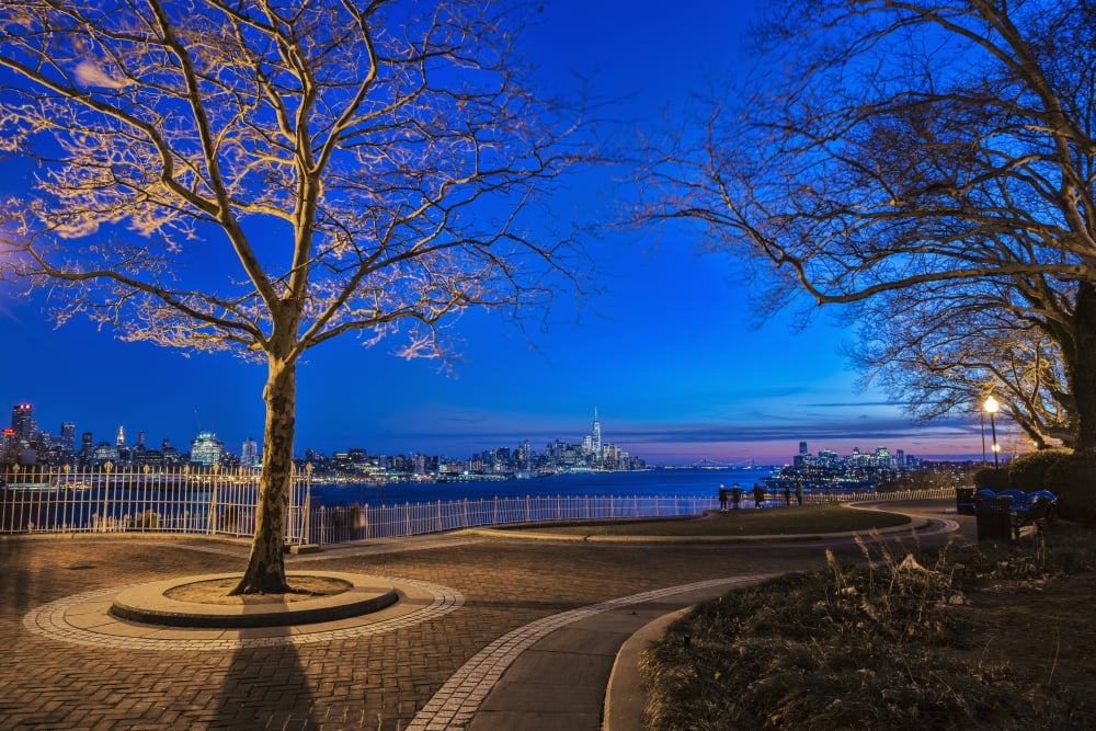 Hamilton Park at Twilight with New York City Skyline in Background Weehawken Poster Print - 19 x 12 in.