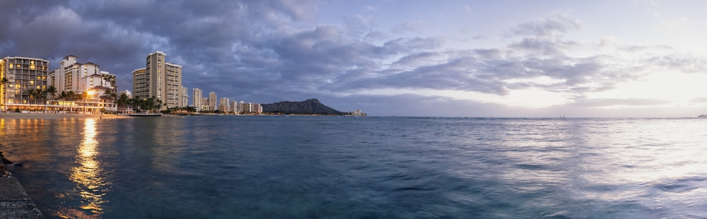 Waikiki Beach Basking in The Last Moments of A Days Sunlight - Honolulu Oahu Hawaii United States of America Poster Print - 44 x 14 in. - Large
