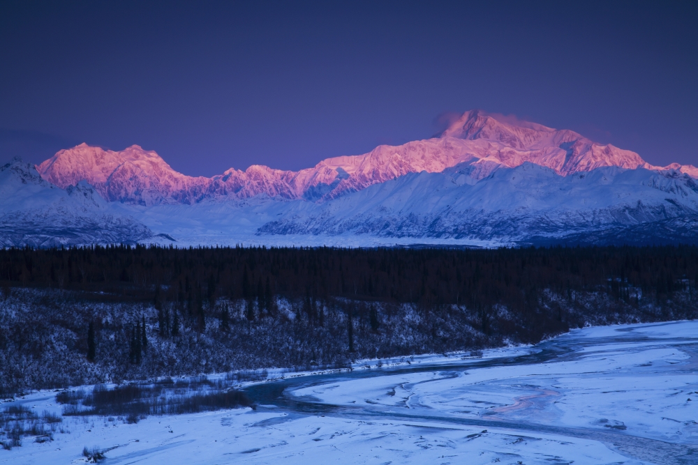 Alpenglow on Mt. Mckinley & Mt. Hunter As Seen From The Denali South Overlook Along The Parks Highway Poster Print - 38 x 24 in. - Large
