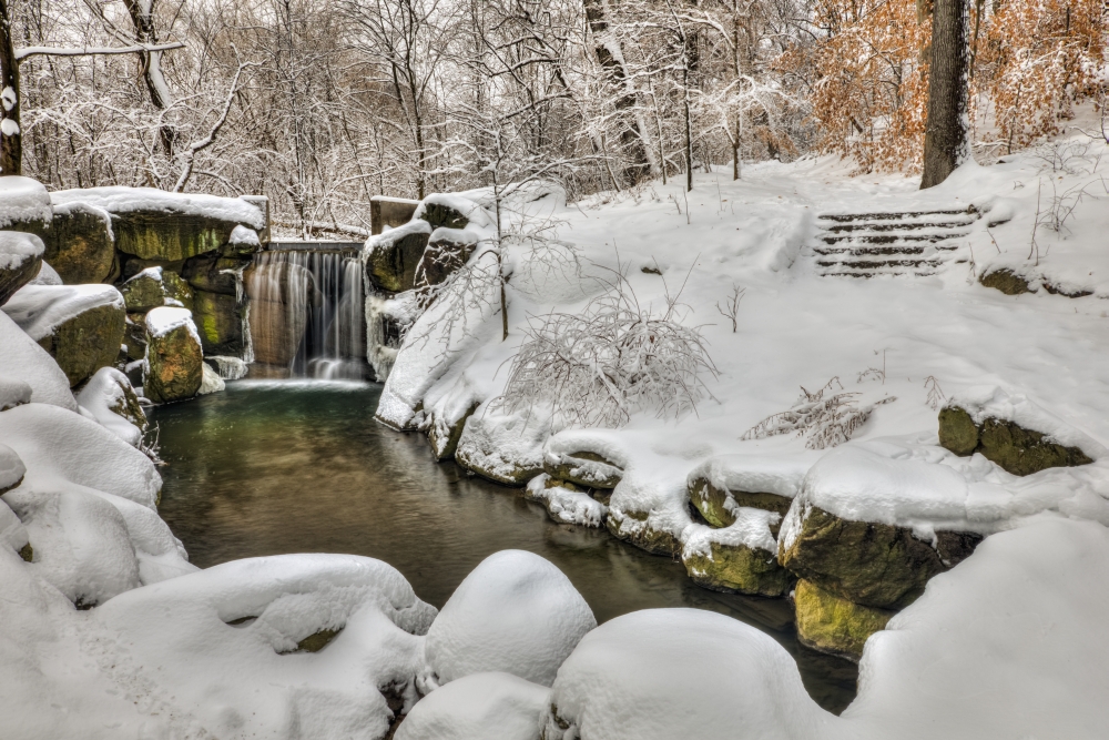 Snow-Covered Waterfall in The Loch Central Park - New York City United States of America Print - 19 x 12 in.