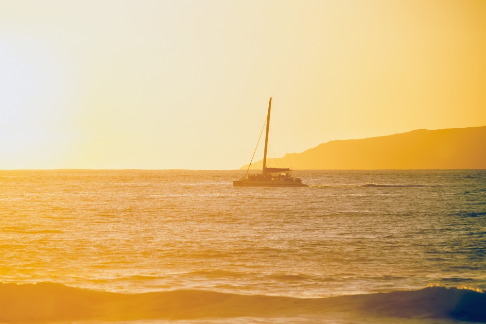 DPI12278708LARGE Golden Surf Visible From Barking Sands Beach with Catamaran Crossing The Channel Poster Print - 38 x 24 in. - Large