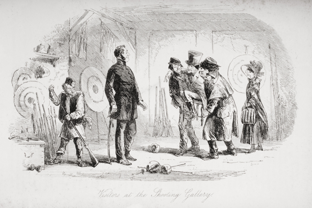 Visitors At the Shooting Gallery. Illustration by Phiz Hablot Knight Browne Poster Print, 36 x 24