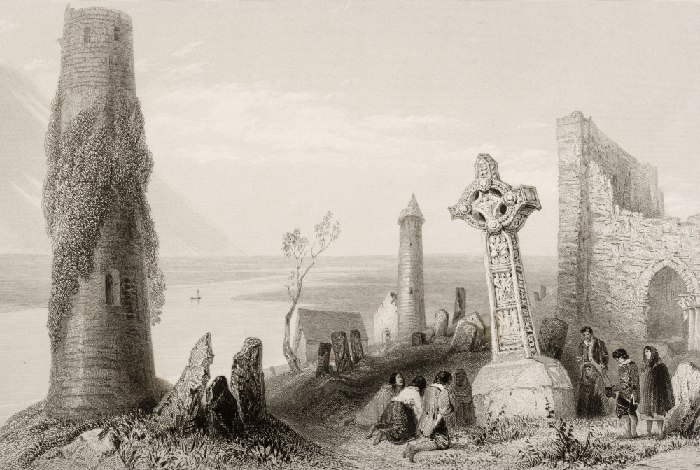 DPI1860290 Ancient Cross Clonmacnoise Ireland Drawn by Whbartlett Engraved by H Griffiths From the Scenery & Antiquities Poster Print, 18 x 12