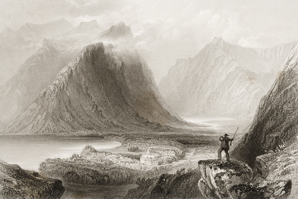 Delphin Lodge Ireland. Drawn by W. H. Bartlett Engraved by J. Cousen. From - the Scenery & Antiquities of Ireland by N. Poster Print, 17 x 11