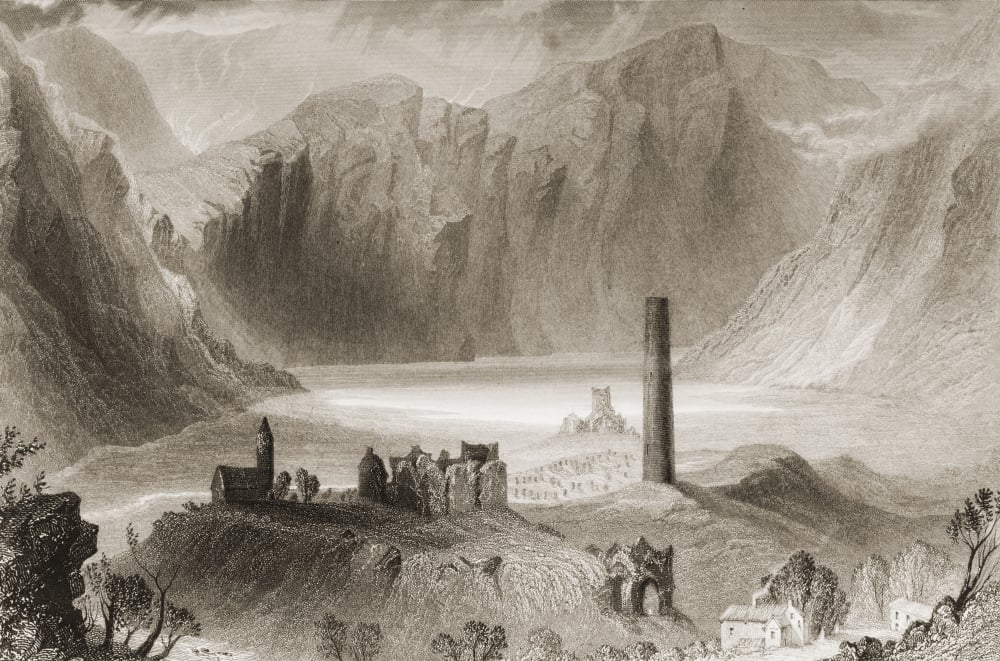 Glendalough County Wicklow Ireland Drawn by Whbartlett Engraved by J T Willmore From the Scenery & Antiquitie Poster Print - 34 x 22