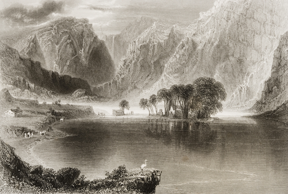 Gougane Barra Lake County Cork Ireland Drawn by Whbartlett Engraved by S Bradshaw From the Scenery & Antiquit Poster Print - 34 x 22