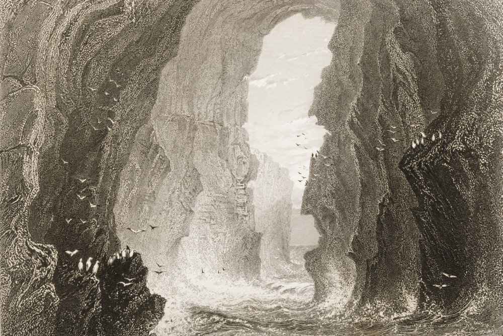 DPI1860319LARGE Dunkerry Cave County Antrim Ireland Drawn by Whbartlett Engraved by R Brandard From the Scenery & Antiquities Poster Print, 34 x 22