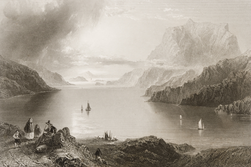 Eagle Mountain Killeries Connemara Ireland Drawn by Whbartlett Engraved by J Cousen From the Scenery & Antiq Poster Print, 17 x 11