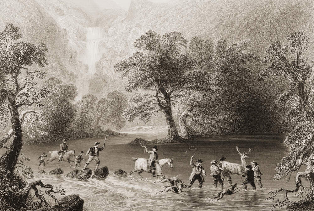 Taking A Stag Near Derrycunniky Cascade Killarney County Kerry Irelanddrawn by Whbartlett Engraved by H Griffith Poster Print - 34 x 22