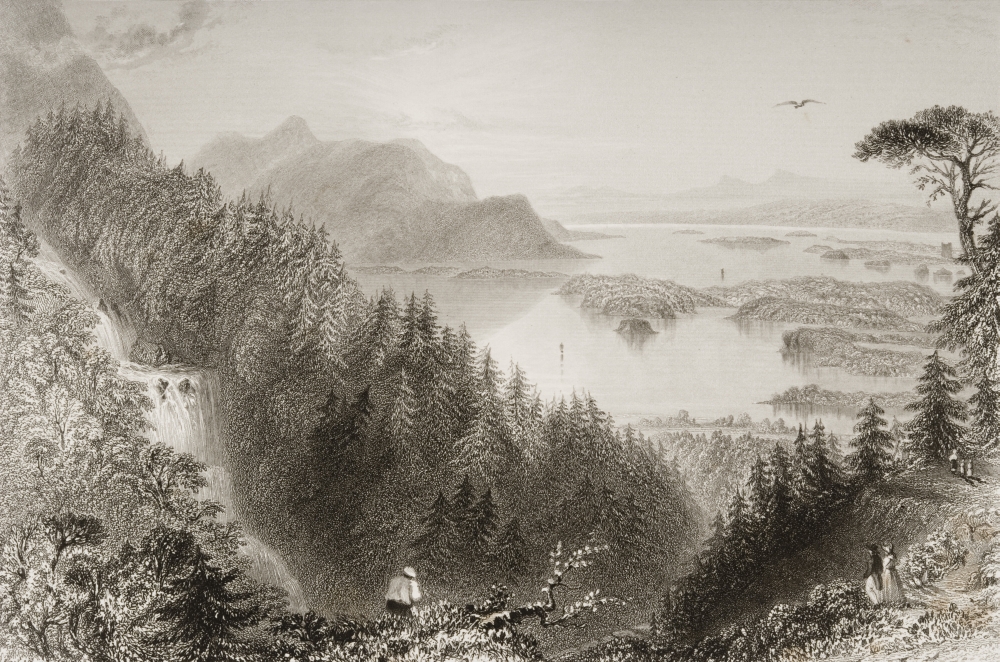 DPI1860395 The Lower & Turk Lakes From Turk Waterfall Killarney County Kerry Ireland Drawn by Whbartlett Engraved by Jba Poster Print, 17 x 11