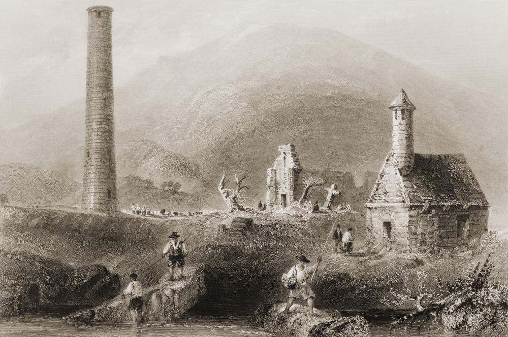 Round Tower Glendalough County Wicklow Ireland Drawn by Whbartlett Engraved by Jcbentley From the Scenery & Poster Print - 17 x 11