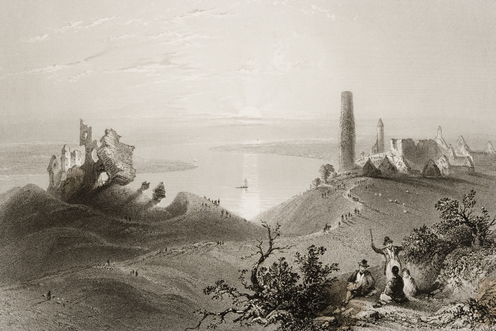 Seven Churches of Clonmacnoise Ireland. Drawn by W. H. Bartlett Engraved by R. Poster Print 34 x 22