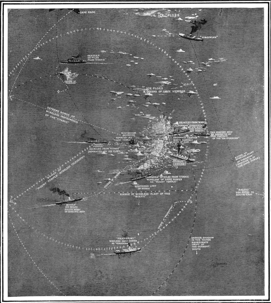 DPI1860709 Chart of the Rms Titanic Wreck Site Showing Ships Within Call by Wireless At the Time of the Collision Poster Print, 13 x 15