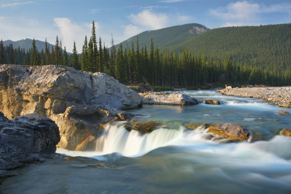 DPI12252457LARGE River & Waterfall in Morning Light - Bragg Creek Alberta Canada Poster Print - 38 x 24 in. - Large