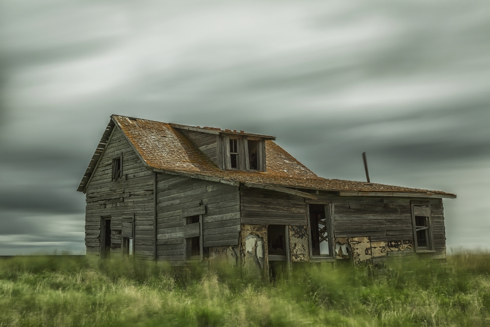Long Exposure of Clouds Going Over An Abandoned House - Val Marie Saskatchewan Canada Poster Print - 38 x 24 in. - Large