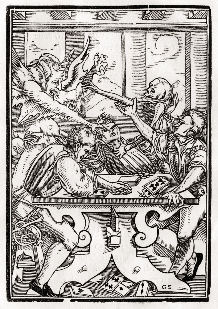 Death & the Devil Come for the Card Player Woodcut by Georg Scharffenberg After Hans Holbein the Younger From Der Todt Poster Print, 24 x 34