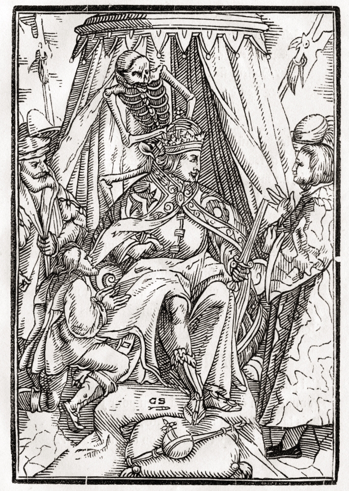 Death Comes for the Emperor Woodcut by Georg Scharffenberg After Hans Holbein the Younger From Der Todten Tanz or the Da Poster Print, 12 x 17