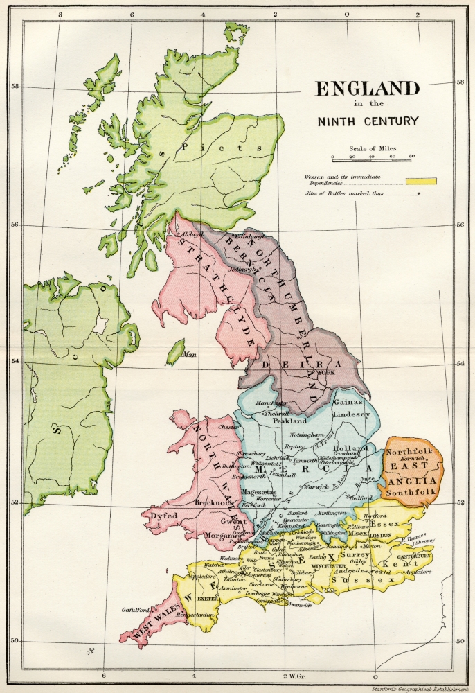 Map of England In the Ninth Century From A Short History of the English People by John Richard Green Published by Macmil Poster Print, 12 x 17