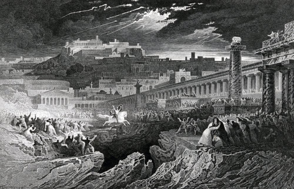 DPI1861828 Marcus Curtius Riding Into the Chasm. Engraved by H. Le Keux After A Painting by J. Martin Poster Print, 18 x 11