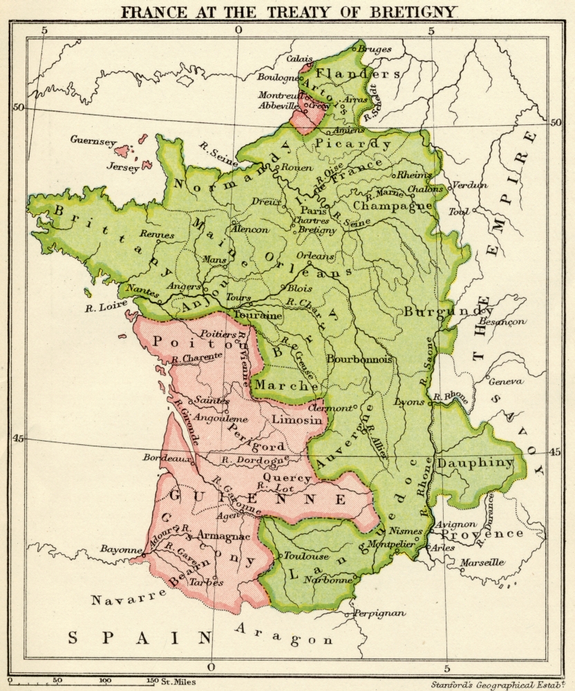 Map of France At the Treaty of Bretigny From A Short History of the English People by John Richard Green Published by Ma Poster Print, 13 x 16