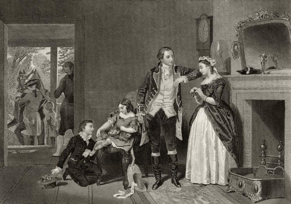 Washingtons First Interview with Mrs Custis George Washington 1732 to 1799 Martha Dandridge Custis Washington 1731 to 18 Poster Print, 17 x 12