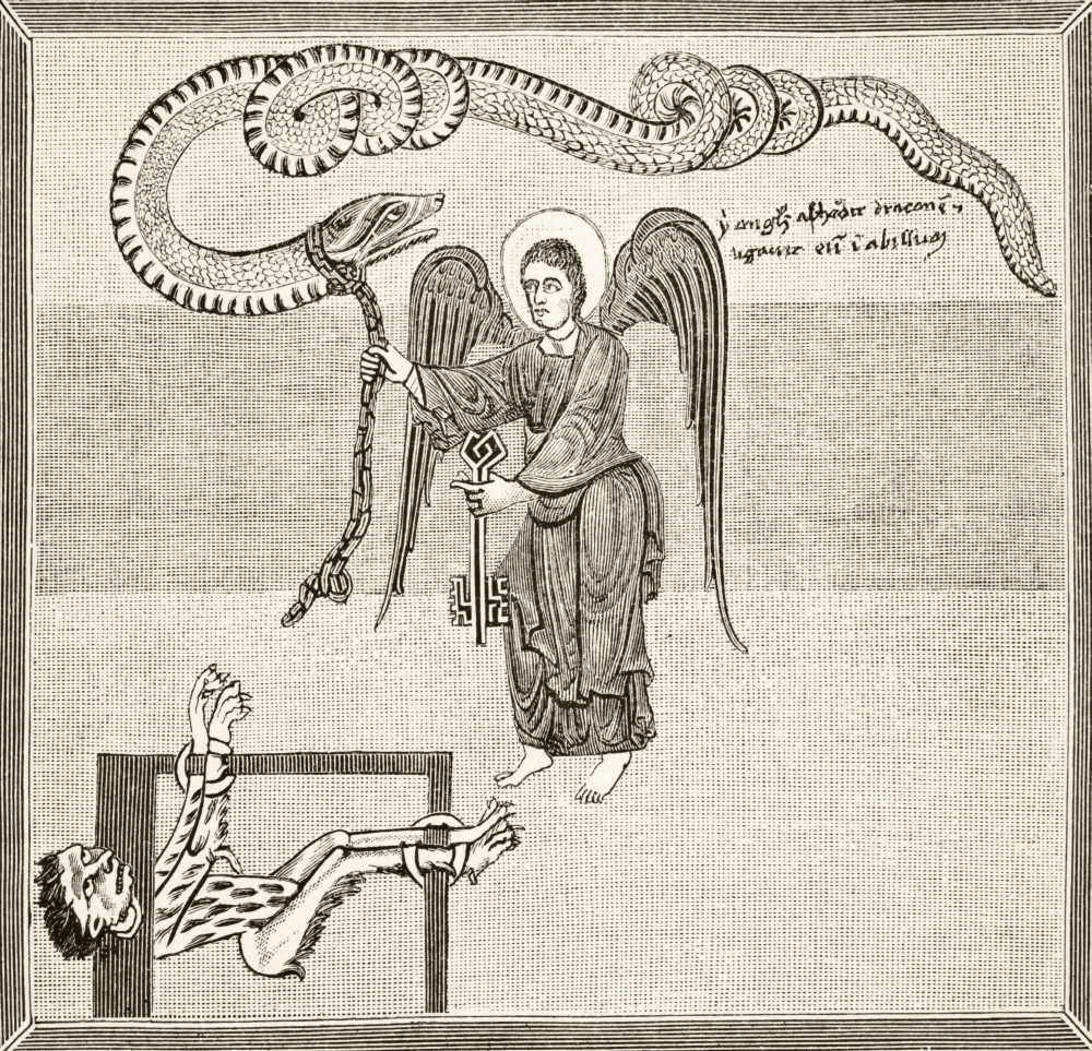 An Angel Holding the Keys of Hell Enchains the Devil - In the Shape of A Dragon - In the Pit After A 12th Century Minia Poster Print, 14 x 14