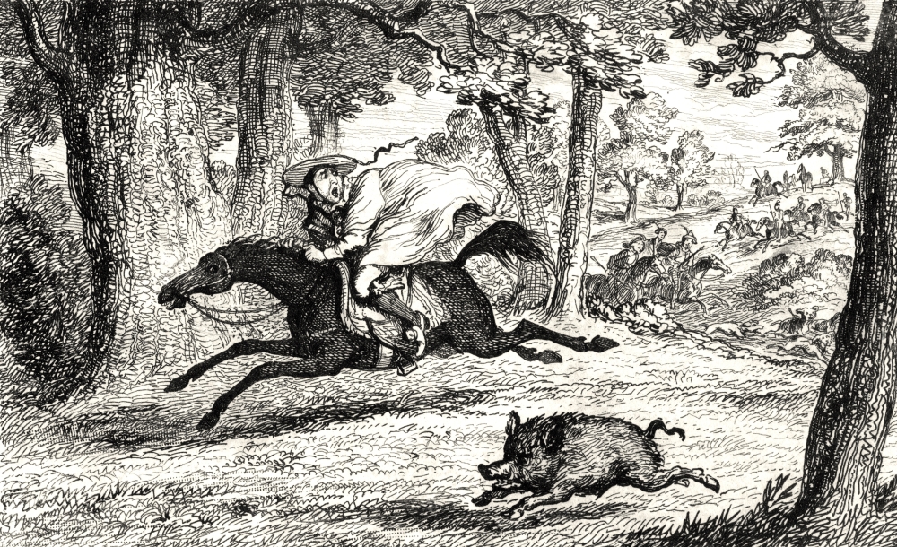 Cardinal Balve Chasing A Boar Engraving by George Cruikshank Dated 1845 of A Scene From Sir Walter Scotts Novel Quentin Poster Print, 18 x 11