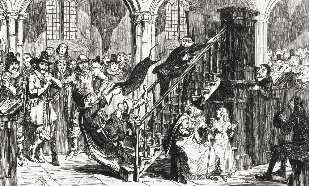 Reverend Holdenough During A Service Engraving by George Cruikshank Dated 1845 of A Scene From Sir Walter Scotts Novel Poster Print, 36 x 22