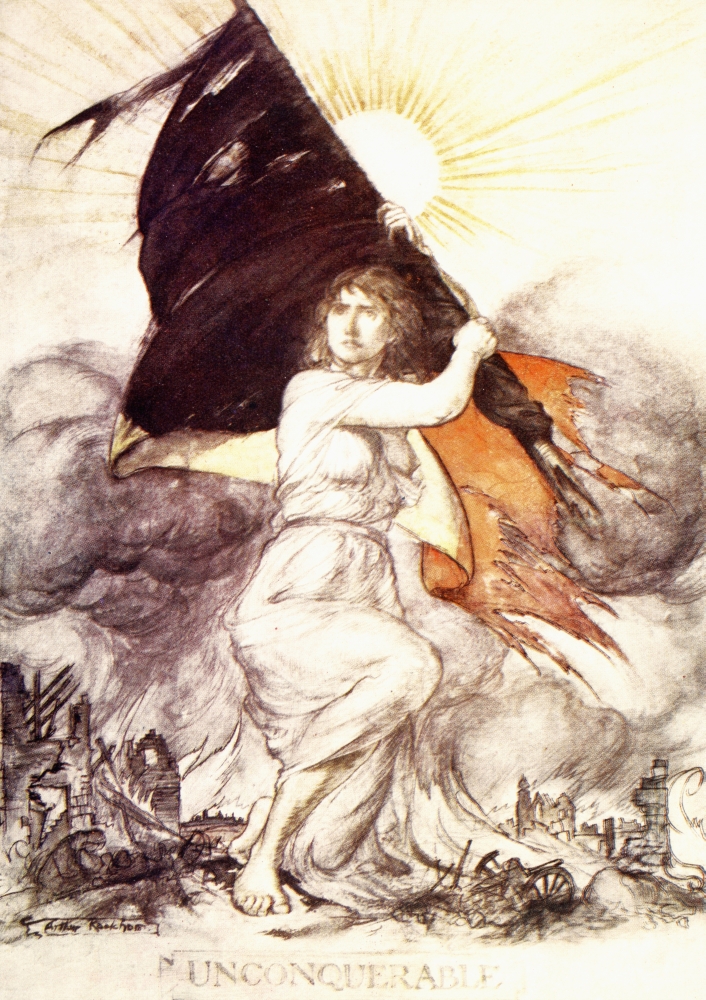 Unconquerable An Heroic Woman Carries Forward the Tattered Flag of Belgium After Invasion by the Germans In 1914 After 1 Poster Print, 12 x 17
