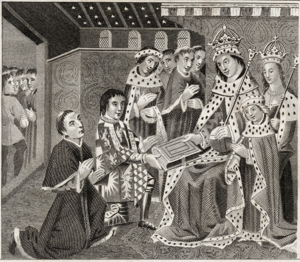 Earl Rivers & Caxton Presenting Their Book & Printer to King Edward Iv Engraved by Birrel From the Book A Catalogue Poster Print, 30 x 26