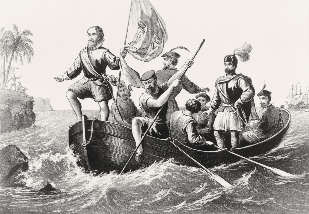 Christopher Columbus Setting Foot In San Salvador October 12 1492 From An Engraving Printed In 1876 Poster Print, 34 x 24