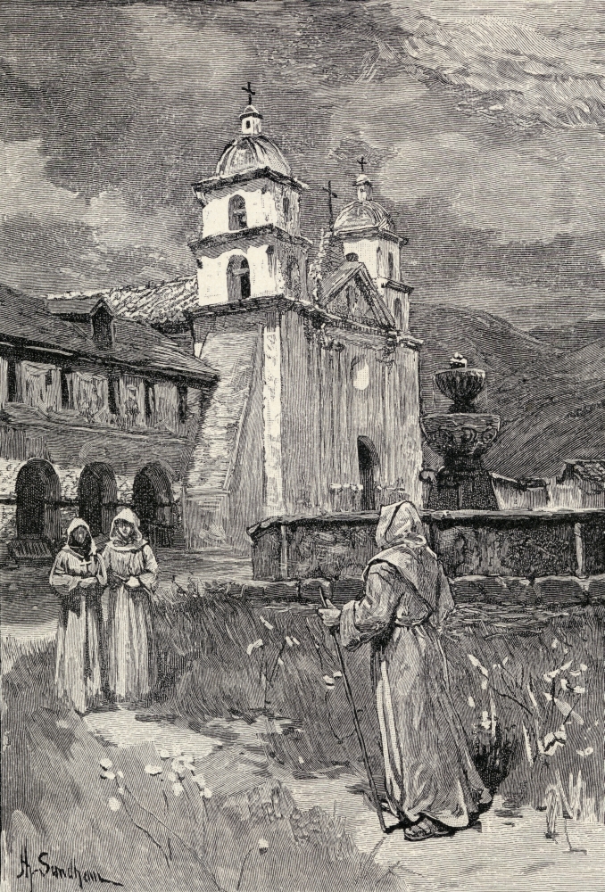 Fountain & Mission Santa Barbara California Engraving 11 x 17