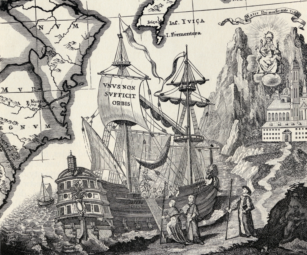 Old Engraving of A Ship for An Ancient Map Made by A Benedictine Monk About 1740 From the Book the Century Illustrated M Poster Print, 16 x 13