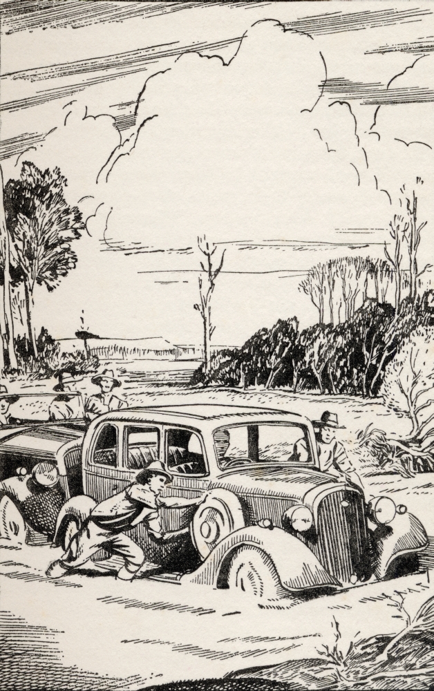 There Was A Crucial Moment When the Sucking Bog Clutched At the Wheel of the First Car From the Book Buffalo Jim by Wil Poster Print - 11 x 18
