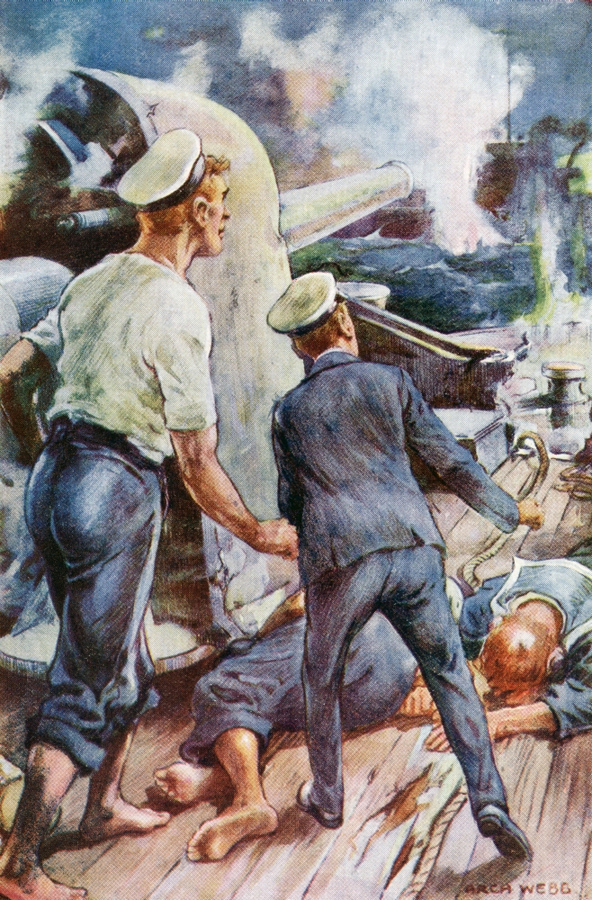 Its Shell Struck the German Cruisers Bridge. Illustration by Archibald Webb Poster Print - 22 x 36