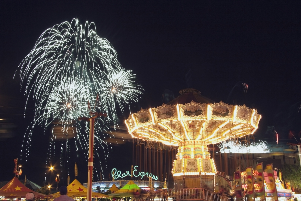 DPI1866864LARGE Calgary Alberta Canada - Midway Rides At Night with Fireworks At the Calgary Stampede Poster Print, 38 x 24
