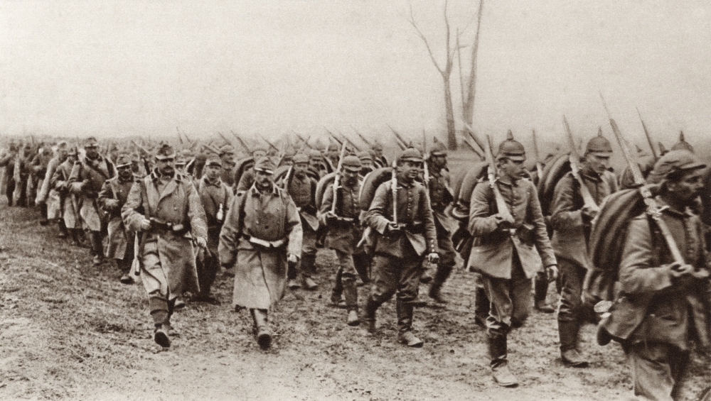 German & Austrian Soldiers Marching Shoulder to Shoulder Against the Russians During World War I From the Illustrated Poster Print, 19 x 11
