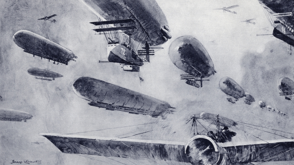 Imaginary Squadron of German Bomb Dropping Air-Ships Attended by Aeroplane Scouts Drawn by Norman Wilkinson From the Il Poster Print - 38 x 22