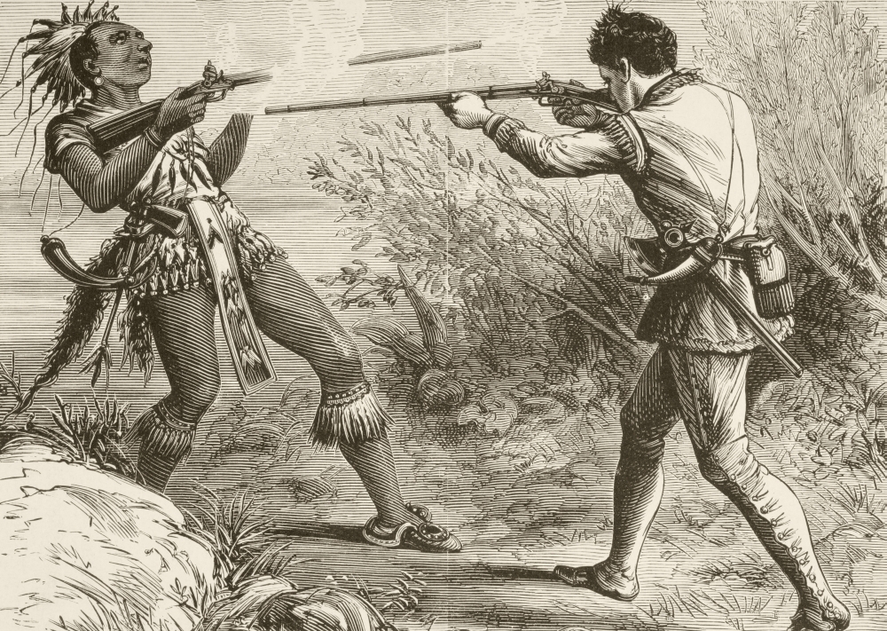 Picture of In 1725, During Lovewells Fight, An Incident In Dummers War, The Indian Chief Paugus Is Killed By An English Militiaman From A 19th Century Illustration Poster Print, 34 x 24 - Large